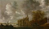 An extensive river landscape with figures rowing and a castle beyond by Jan van Goyen